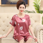 家居服套装 睡衣女冰丝夏季 真丝绸短袖 中老年人加大码 中年妈妈薄款