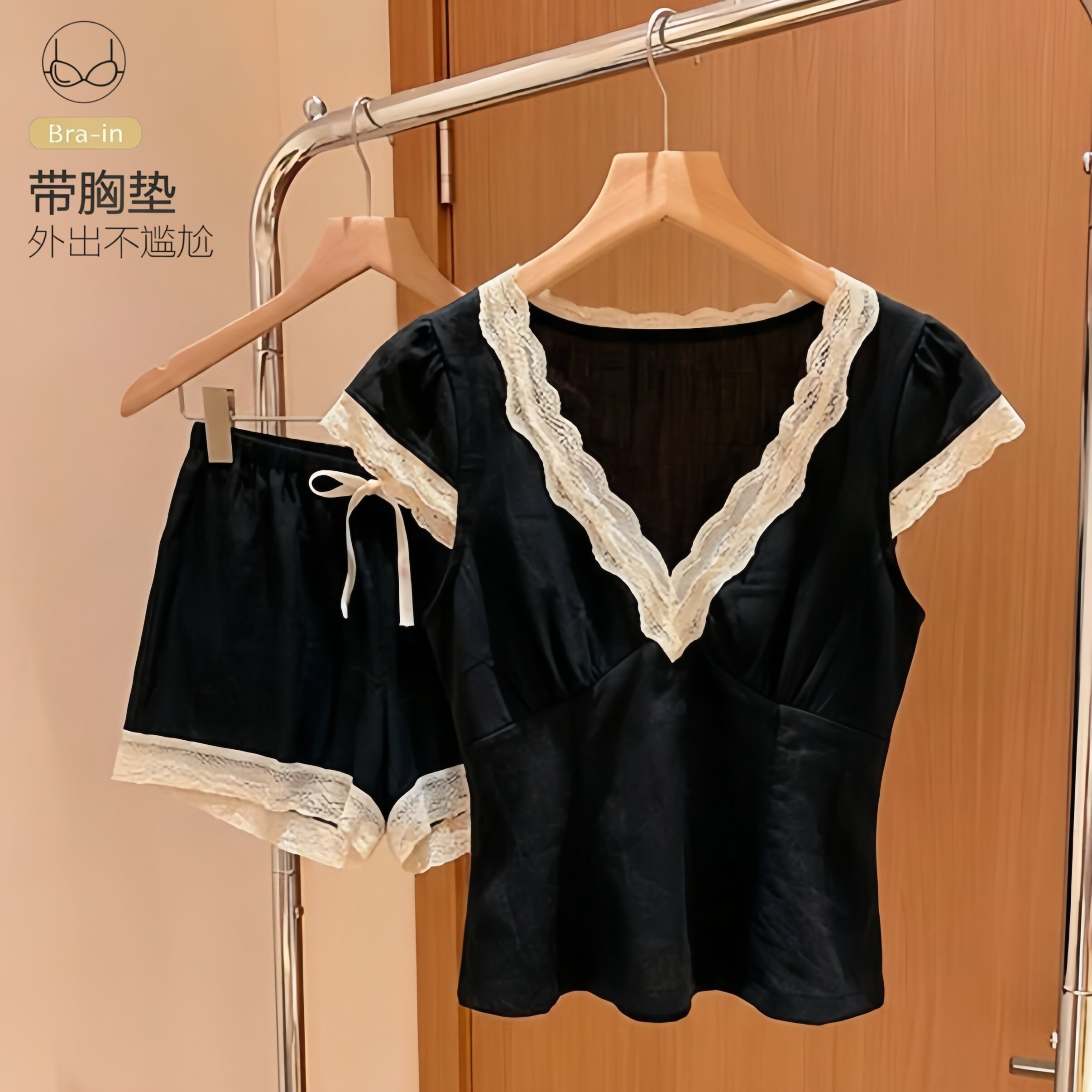 韩系甜美风睡衣女薄款带胸垫小飞袖蕾丝云朵棉短袖短裤休闲两件套
