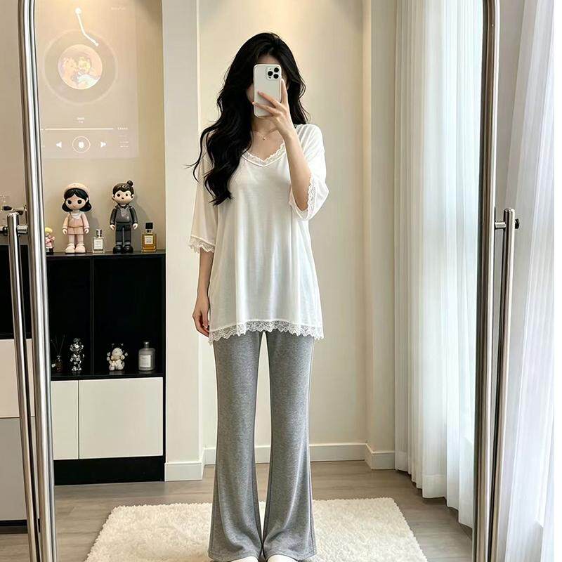 韩版休闲风宽松睡衣带胸垫睡衣女士春秋蕾丝花边家居服套装可外穿