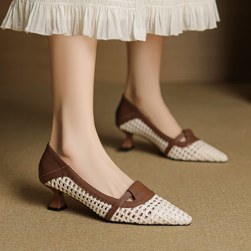 尖头气质编织洞洞单鞋女复古