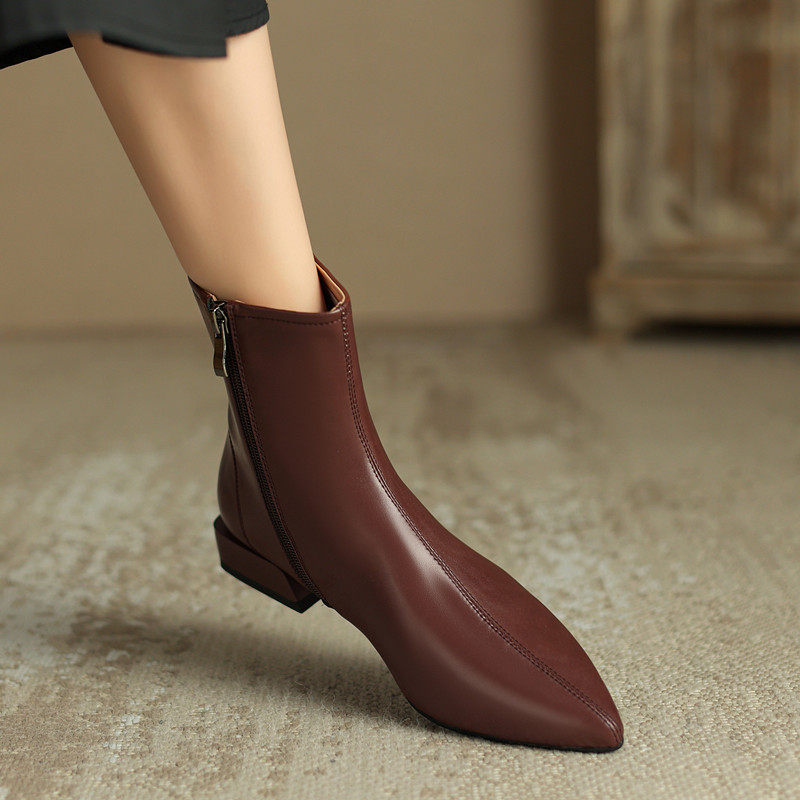 黑夫人低跟尖头显瘦真皮巨软侧拉链单靴女粗跟百搭短靴大码414243,女鞋,时装靴,淘宝优惠券,粉丝福利购,淘宝优惠卷