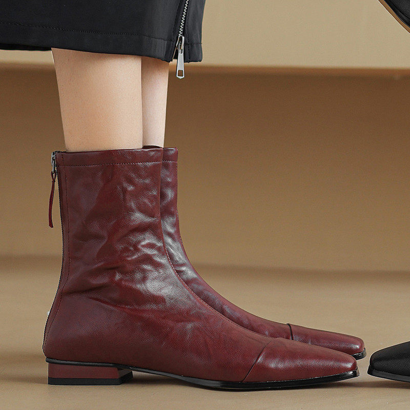 黑夫人 大码41-43显瘦方头低跟后拉链软羊皮短靴女真皮秋冬单靴子,女鞋,时装靴,淘宝优惠券,粉丝福利购,淘宝优惠卷