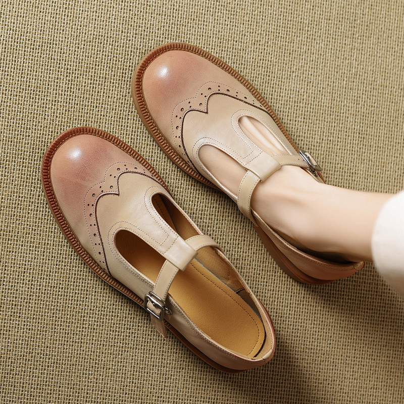 擦色一字扣带浅口玛丽珍单鞋女