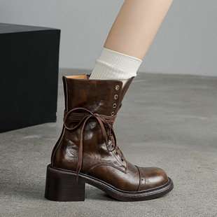 黑夫人复古棕色真皮粗跟系带侧拉链帅气机车短靴女秋冬高跟马丁靴