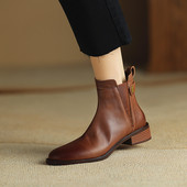 黑夫人原创 擦色复古粗跟短靴子女秋冬真皮中跟切尔西靴大码