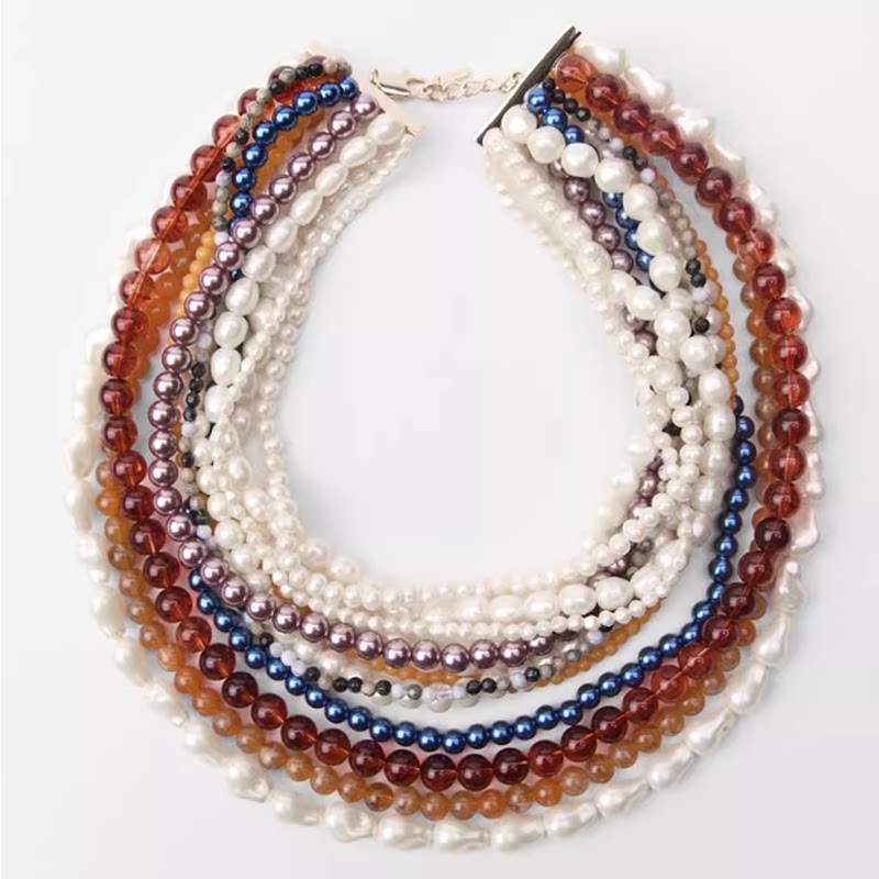 满39包邮zara拼色多层串珠人造仿珍珠项链长款夸张轻奢设计锁骨链
