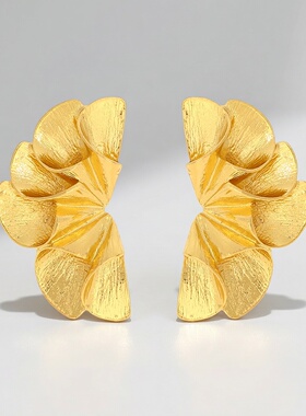 满39包邮za18k金黄色褶皱花朵造型扇形树叶耳钉欧美夸张耳坠耳夹