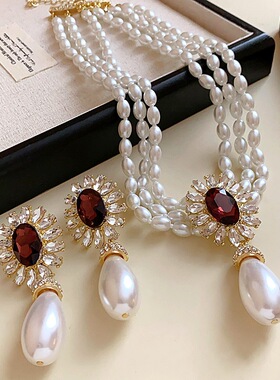 925银针复古法式高级感珍珠颈链 小众设计小香风珍珠耳环项链套装