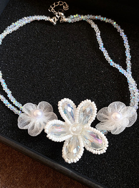 法式复古水晶串珠花朵项链潮流个性百搭颈链时尚轻奢高级感项饰