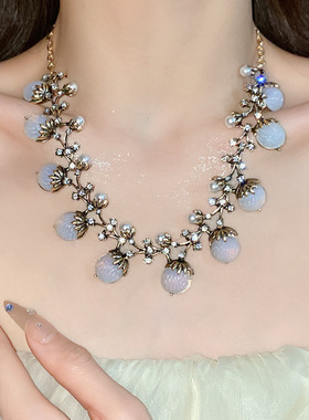 中古vintage镶钻珍珠松果项链复古简约时尚锁骨链轻奢高级感项饰