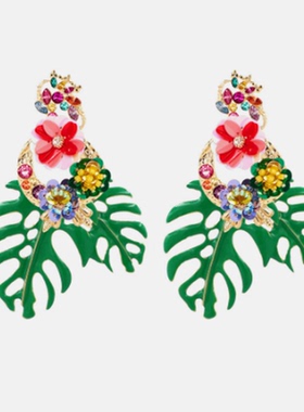 满39包邮绿色叶子亮片花朵镶钻耳环欧美夸张大牌耳饰耳钉女
