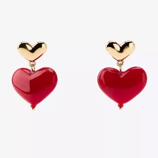 新品 zara夏季 拼接心形吊饰金属耳坠亚克力爱心耳饰耳夹 包邮 满39