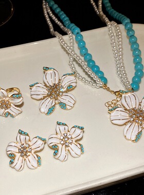 2026新款中古Vintage串珠珐琅花朵复古宫廷气质优雅项链耳钉套装