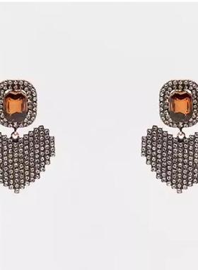 满39包邮zara橙色水晶镶钻高级感爱心吊坠耳钉耳夹超闪耳饰女