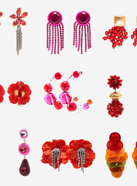 满39包邮欧美夸张大牌红色耳环女长款耳坠耳饰耳钉无耳洞耳夹