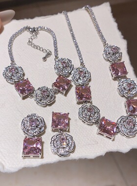 玫瑰花朵天然锆石925银针耳环项链套装轻奢高级感饰品