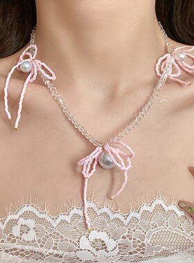 珍珠串珠米珠蝴蝶结吊坠项链法式甜美优雅气质锁骨链时尚百搭颈链