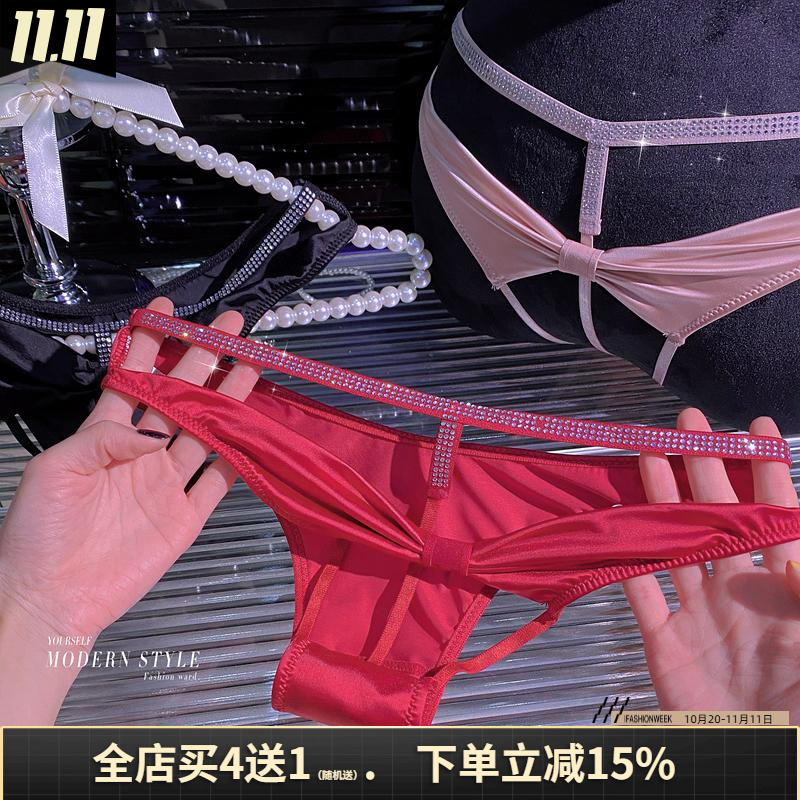 脸红心跳~轻奢缎面水钻后镂空内裤女性感纯欲低腰火辣丁字裤短裤