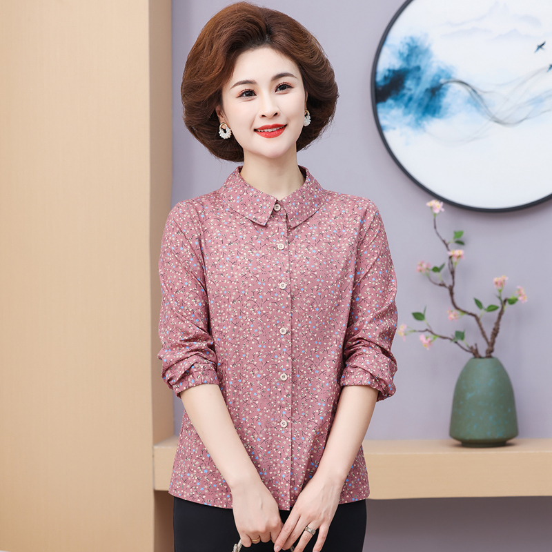 妈妈款棉衬衫长袖2025春秋季新品中老年女装宽松韩版开衫花色上衣