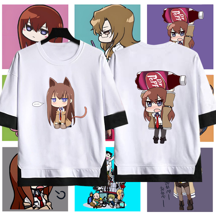 动漫游戏命运石之门周边联名男女印花五分袖假两件春秋纯棉T恤衫