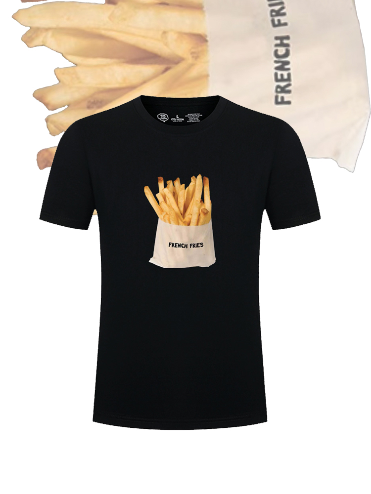 美式复古炸薯条印花t恤短袖男女情侣休闲宽松嘻哈圆领半袖上衣潮