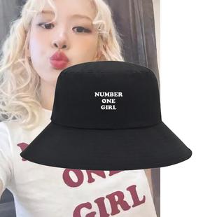 rose朴彩英新单曲number one girl字母印花渔夫帽纯棉遮阳盆帽子