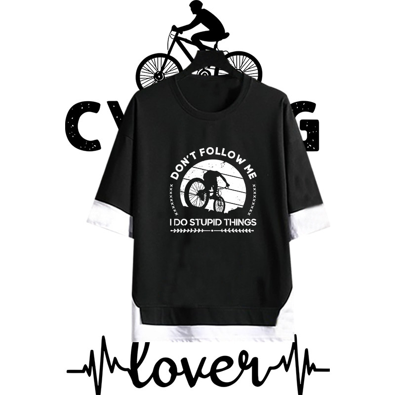 山地车单车bike自行车环法大赛爱好者印花假两件男女宽松五分袖T