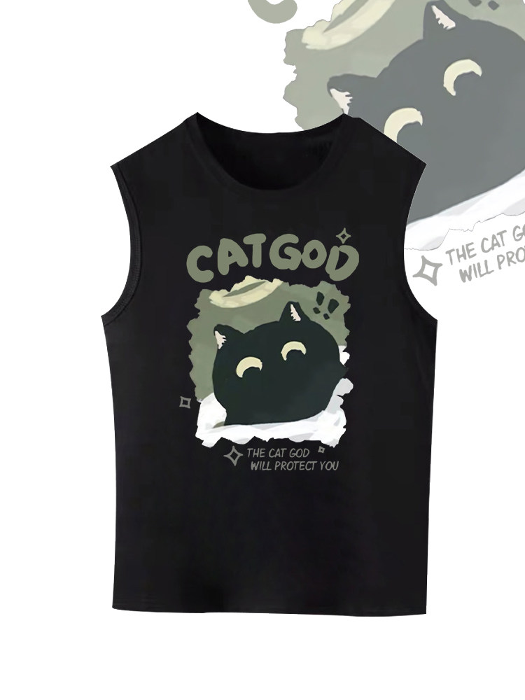 国潮卡通猫猫天神保护你趣味印花宽肩背心男女宽松百搭纯棉无袖T