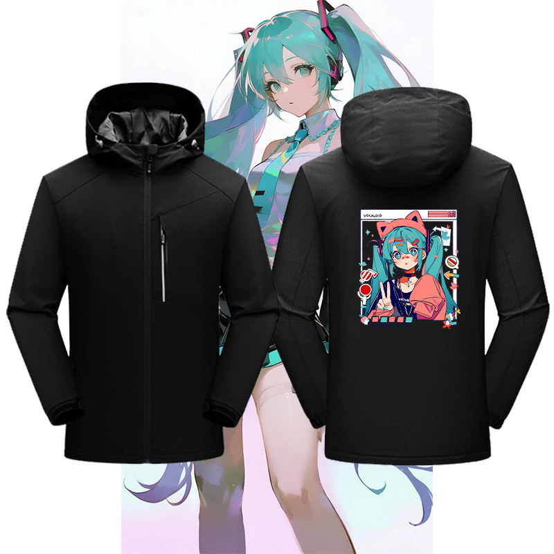 卡通miku初音未来V家涂鸦风印花连帽冲锋衣男女秋冬保暖防风外套