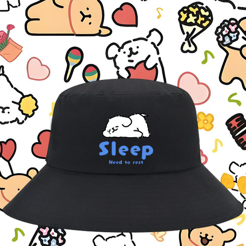 卡通线条小狗需要休息Sleep周边印花渔夫帽男女纯棉户外出游盆帽