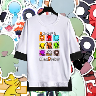 火柴人Alan Becker红火柴人动画卡通周边印花五分袖假两件宽松T恤