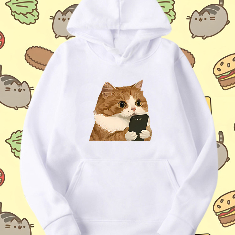 猫咪图案可爱猫猫创意简约卡通印花连帽卫衣男女宽松保暖套头帽衫