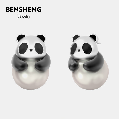 BENSHENG熊猫耳钉女新中式