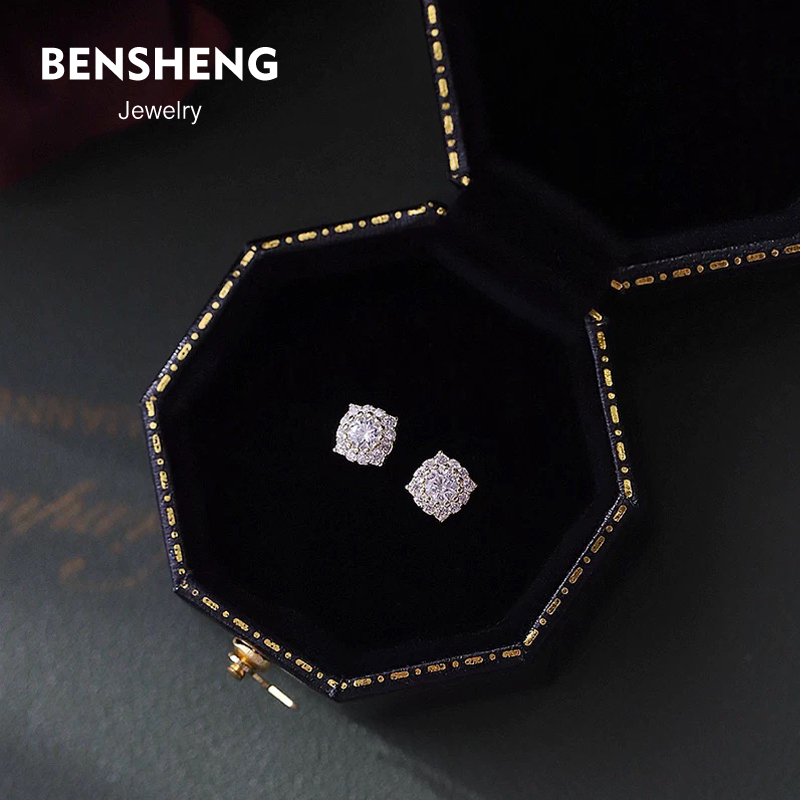 BENSHENG奶油方糖925纯银耳钉女