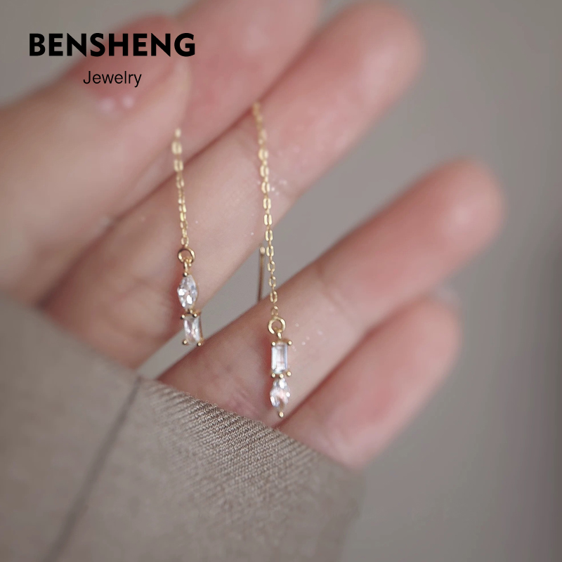 BENSHENG法式几何925纯银耳线女