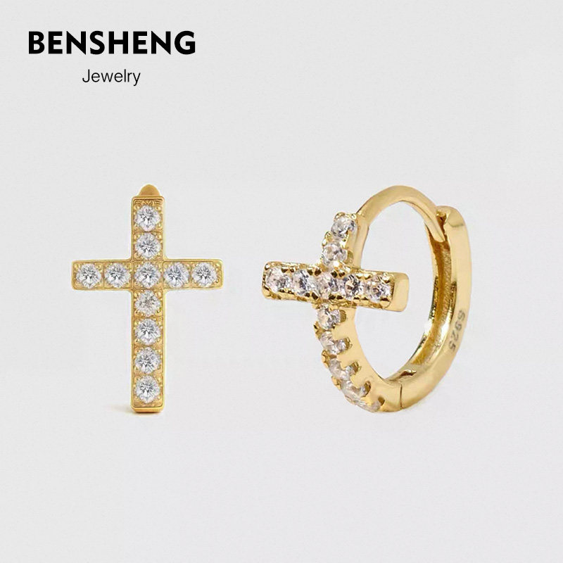 BENSHENG通体925纯银十字架耳钉女耳骨耳扣Shining法式高级感耳圈
