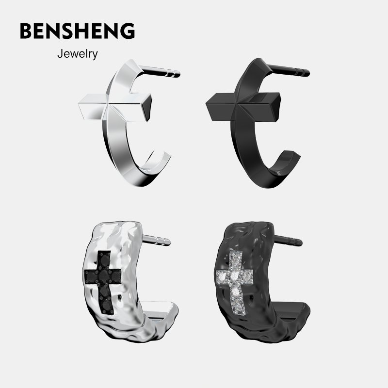 BENSHENG熔岩十字架耳钉中性风