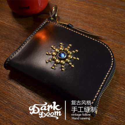 复古阿美咔叽美式HTC铆钉风格手工Horween霍尔文马皮拉链杂物钱包