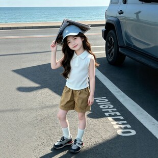 女童上衣2026夏季新款儿童无袖白色T恤衫女宝宝洋气短款翻领背心
