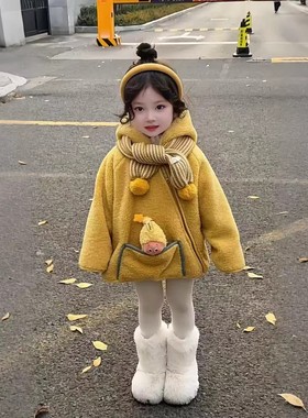 女童秋冬季加绒加厚保暖棉服2025新款儿童洋气韩系星星精灵帽外套