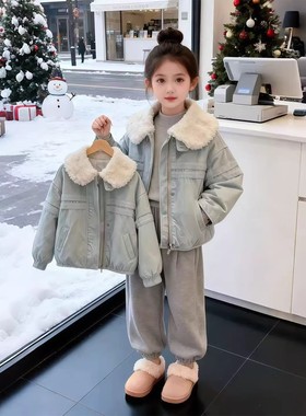 女童秋冬夹棉羊羔绒棉服2025年秋冬季新款儿童复古大毛领夹克外套