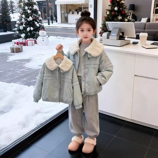 女童秋冬夹棉羊羔绒棉服2025年秋冬季新款儿童复古大毛领夹克外套