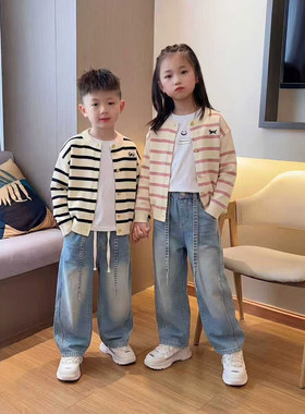 女童春装条纹开衫套装2026春季新款儿童笑脸卡通内搭烫钻牛仔裤潮