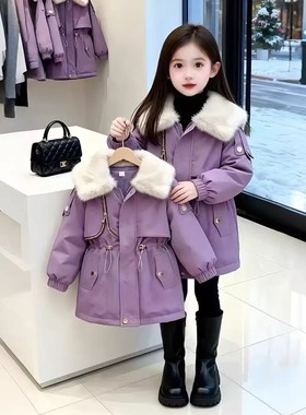 女童秋冬加绒收腰派克服2025年秋冬季新款儿童大毛领纯色保暖外套