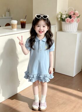 女童连衣裙2026夏季新款儿童洋气蓝色Polo裙宝宝时尚木耳边T恤裙