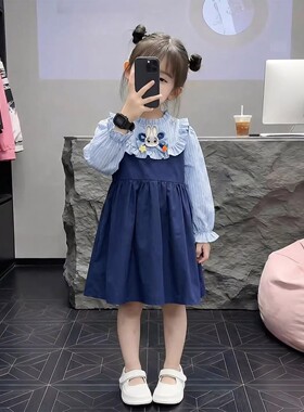 女童春装连衣裙2026春季新款儿童拼接花边领卡通长袖薄款A字裙潮