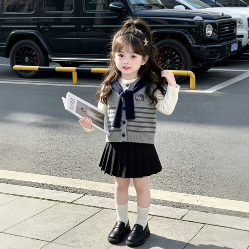 女童披肩毛衣马甲2026秋冬新款儿童猫咪针织背心宝宝时髦百搭坎肩