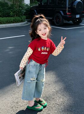 女童套装2026秋季新款儿童唐老鸭假两件上衣女宝宝洋气破洞牛仔裤