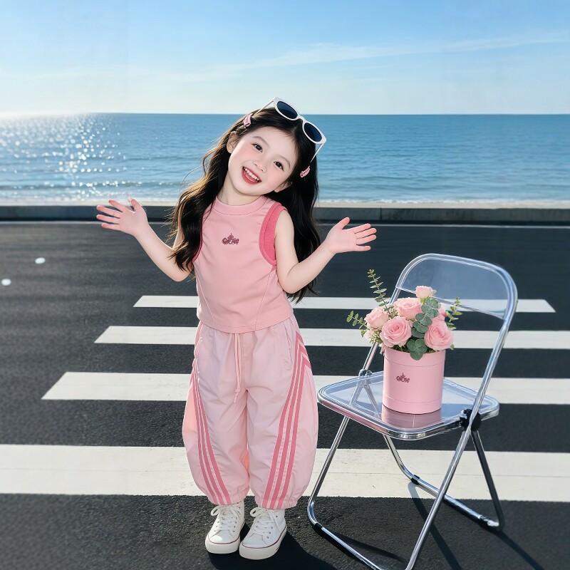 女童夏季套装2026新款儿童粉色无袖背心上衣宝宝休闲运动裤两件套