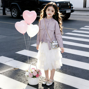 韩版 儿童洋气半身裙春装 女孩外套两件套 春秋2026新款 女童皮衣套装